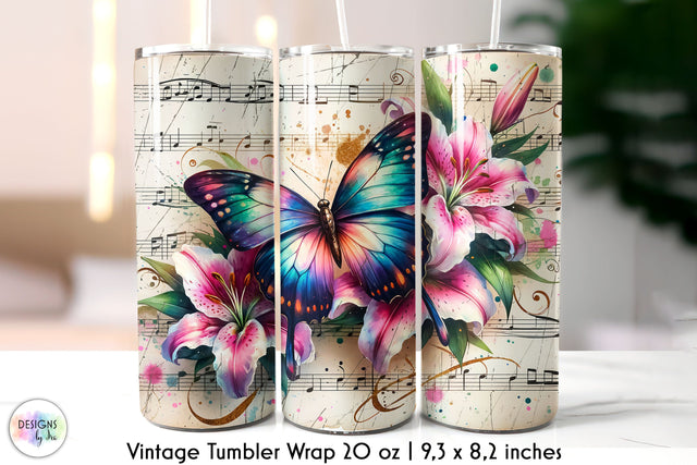 Vintage Music Sheet with Butterfly and Flowers Tumbler Design Sublimation Designs by Ira 