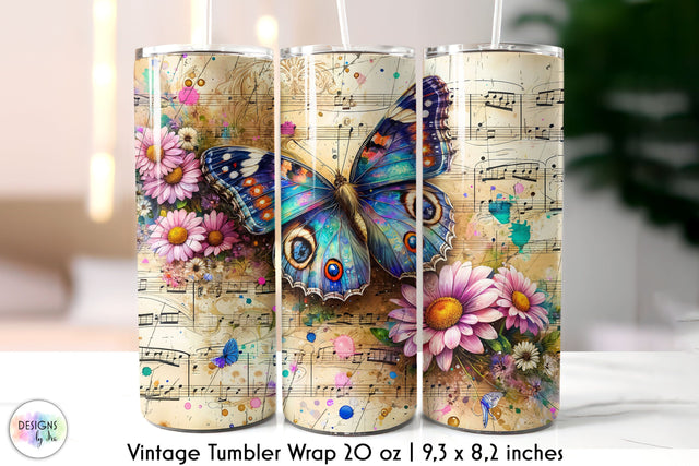 Vintage Music Sheet with Butterfly and Flowers Tumbler Design Sublimation Designs by Ira 