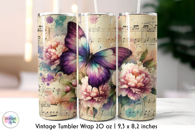 Vintage Music Sheet with Butterfly and Flowers Tumbler Design Sublimation Designs by Ira 