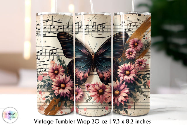 Vintage Music Sheet with Butterfly and Flowers Tumbler Design Sublimation Designs by Ira 
