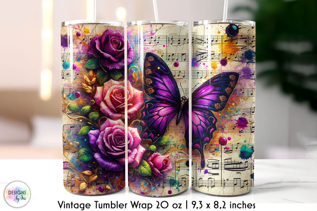 Vintage Music Sheet with Butterfly and Flowers Tumbler Design Sublimation Designs by Ira 