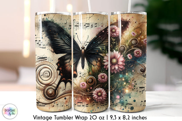 Vintage Music Sheet with Butterfly and Flowers Tumbler Design Sublimation Designs by Ira 