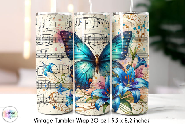 Vintage Music Sheet with Butterfly and Flowers Tumbler Design Sublimation Designs by Ira 