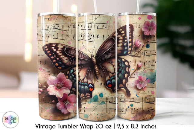 Vintage Music Sheet with Butterfly Tumbler Wrap Sublimation Designs by Ira 