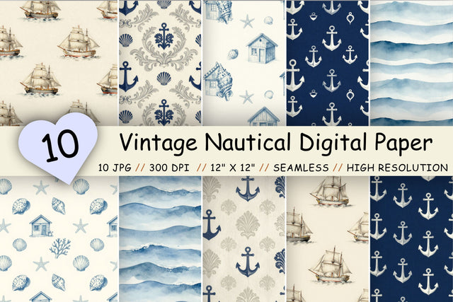 Vintage Nautical Digital Paper Pack, Coastal Maritime Seamless Patterns, Anchor, Lighthouse, Ocean Waves & Sailboat Printable Crafts Digital Pattern FloridPrintables 