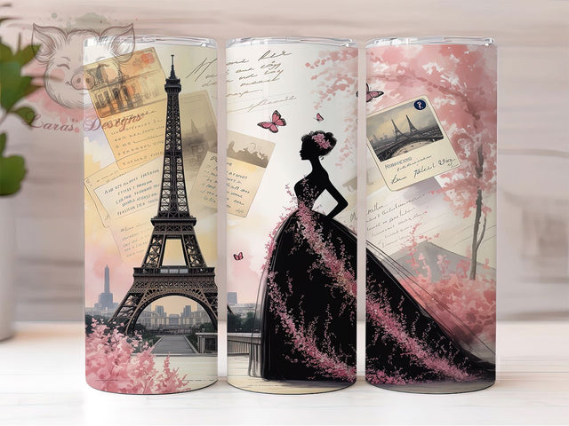 Vintage Paris Eiffel Tower Tumbler, Vintage Parisian Lady Sublimation Design, Junk Journal Page Art, 20oz Paris Tumbler, Whimsical Paris Mug, Elegant Vintage Cup, Romantic Paris Wrap Sublimation Lara' s Designs 