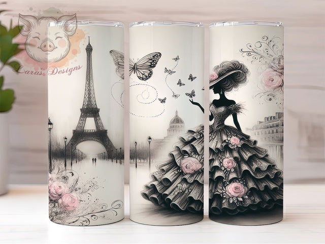 Vintage Paris Eiffel Tower Tumbler, Vintage Parisian Lady Sublimation Design, Junk Journal Page Art, 20oz Paris Tumbler, Whimsical Paris Mug, Elegant Vintage Cup, Romantic Paris Wrap Sublimation Lara' s Designs 