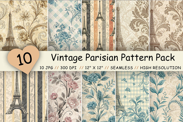 Vintage Parisian Pattern Pack, French Chic Seamless Designs, Scrapbooking & Printable Crafts Digital Pattern FloridPrintables 