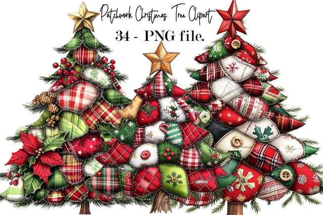 Vintage Patchwork Christmas Tree Clipart Sublimation SVGArt 