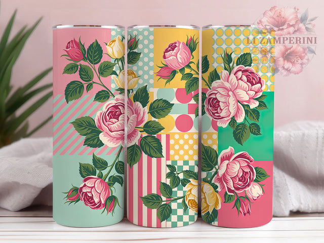 Vintage Patchwork Rose Tumbler, Floral Pattern, Vintage Style, Whimsical Art, Bold Design, 20Oz Tumbler, Sublimation Wrap Sublimation Li Zamperini 