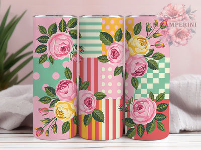 Vintage Patchwork Rose Tumbler, Floral Pattern, Vintage Style, Whimsical Art, Bold Design, 20Oz Tumbler, Sublimation Wrap Sublimation Li Zamperini 
