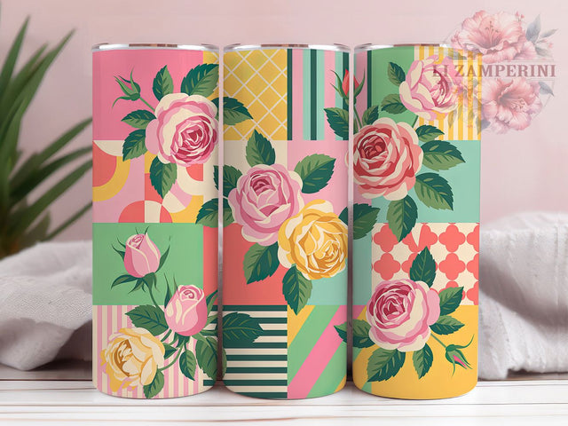 Vintage Patchwork Rose Tumbler, Floral Pattern, Vintage Style, Whimsical Art, Bold Design, 20Oz Tumbler, Sublimation Wrap Sublimation Li Zamperini 
