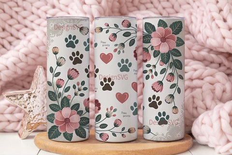 Vintage Paw Print Floral Tumbler Wrap Sublimation DesignSVG 
