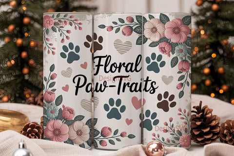 Vintage Paw Print Floral Tumbler Wrap Sublimation DesignSVG 