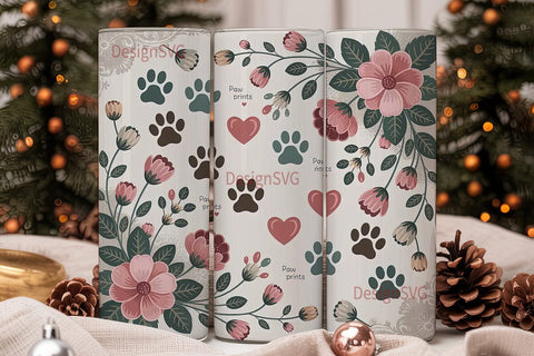 Vintage Paw Print Floral Tumbler Wrap Sublimation DesignSVG 