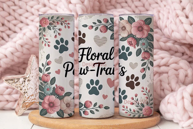 Vintage Paw Print Floral Tumbler Wrap Sublimation DesignSVG 