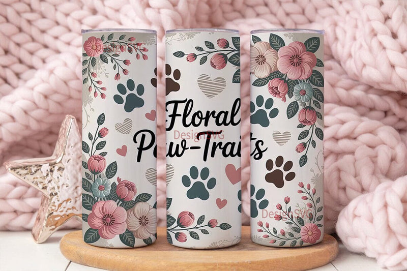 Vintage Paw Print Floral Tumbler Wrap Sublimation DesignSVG 