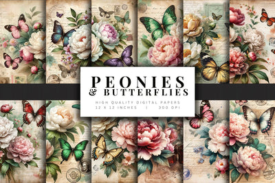 Vintage Peonies and Butterflies Digital Paper Pack Digital Pattern BijouBay 