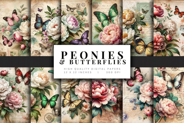 Vintage Peonies and Butterflies Digital Paper Pack Digital Pattern BijouBay 