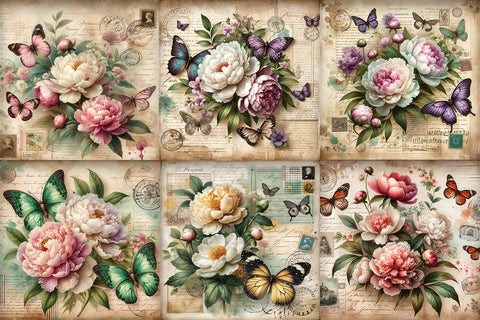 Vintage Peonies and Butterflies Digital Paper Pack Digital Pattern BijouBay 