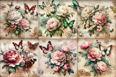 Vintage Peonies and Butterflies Digital Paper Pack Digital Pattern BijouBay 