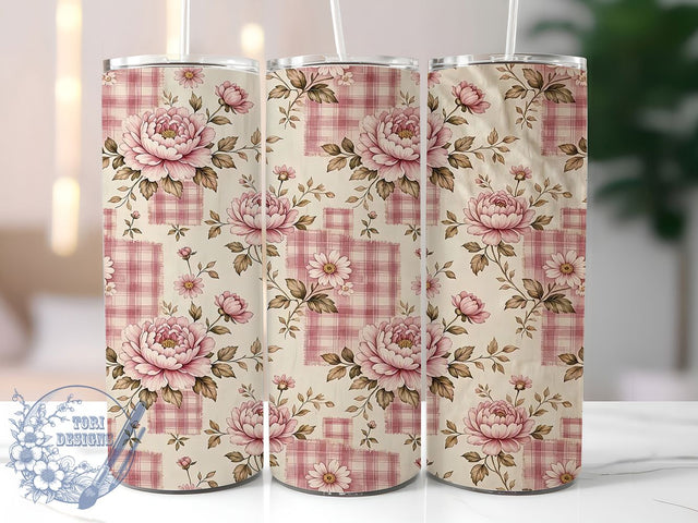 Vintage Peony Patchwork 20oz Tumbler, Peony Motif, Patchwork Accent, Vintage Theme, Artistic Design, Elegant Flair, Sublimation Wrap, 20oz Tumbler Sublimation ToriDesigns 