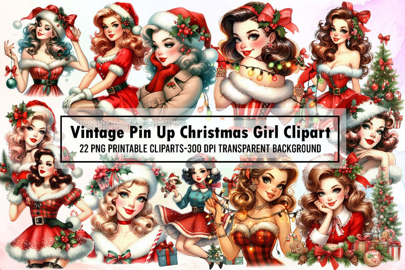 Vintage Pin Up Christmas Girl Clipart Sublimation designartist 