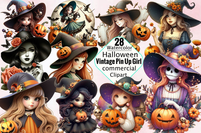 Vintage Pin Up Halloween Girl Sublimation Clipart Bundle Sublimation SVGArt 