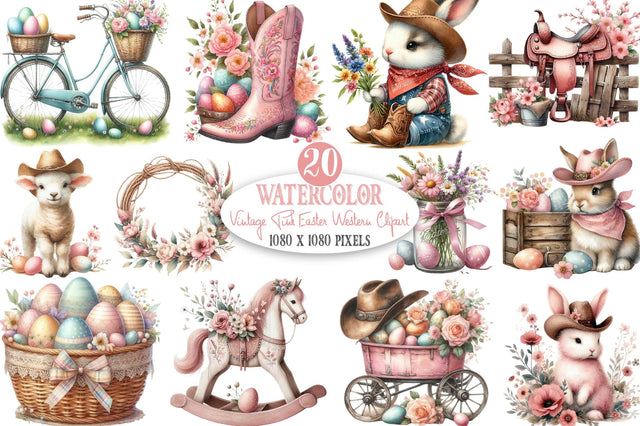 Vintage Pink Easter Western Clipart PNG Sublimation SVGista 