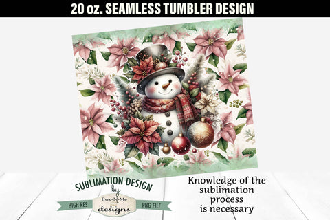 Vintage Pink Poinsettia with Green Christmas Snowman SEAMLESS 20 oz. Tumbler Design Sublimation Ewe-N-Me Designs 