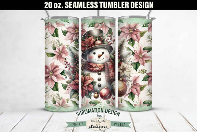 Vintage Pink Poinsettia with Green Christmas Snowman SEAMLESS 20 oz. Tumbler Design Sublimation Ewe-N-Me Designs 