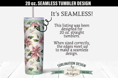 Vintage Pink Poinsettia with Green Christmas Snowman SEAMLESS 20 oz. Tumbler Design Sublimation Ewe-N-Me Designs 