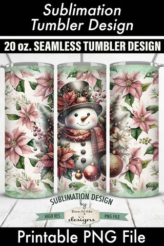 Vintage Pink Poinsettia with Green Christmas Snowman SEAMLESS 20 oz. Tumbler Design Sublimation Ewe-N-Me Designs 