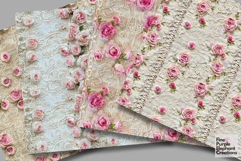 Vintage Pink Rose Lace Digital Paper | Delicate Wedding Sublimation Digital Pattern Fine Purple Elephant Creations 