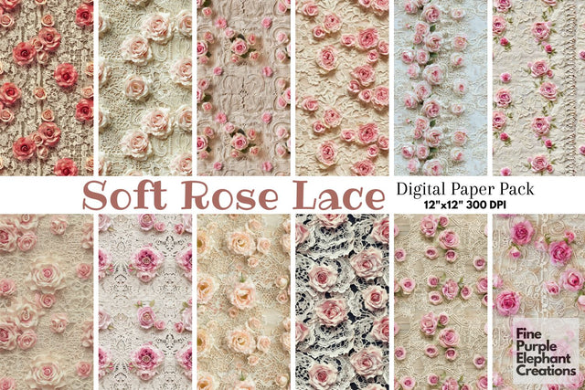 Vintage Pink Rose Lace Digital Paper | Delicate Wedding Sublimation Digital Pattern Fine Purple Elephant Creations 