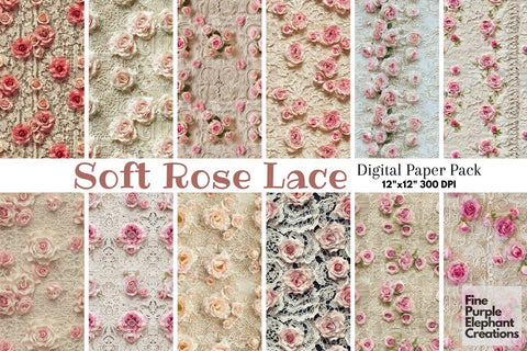 Vintage Pink Rose Lace Digital Paper | Delicate Wedding Sublimation Digital Pattern Fine Purple Elephant Creations 