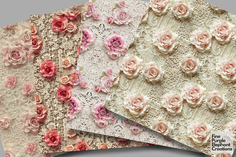 Vintage Pink Rose Lace Digital Paper | Delicate Wedding Sublimation Digital Pattern Fine Purple Elephant Creations 