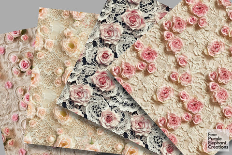 Vintage Pink Rose Lace Digital Paper | Delicate Wedding Sublimation Digital Pattern Fine Purple Elephant Creations 