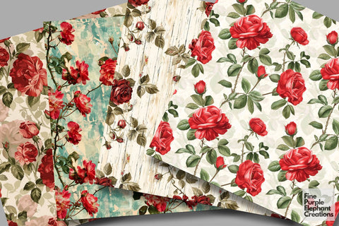 Vintage Pink Roses Flower Digital Paper | Delicate Shabby Chic Mother Digital Pattern Fine Purple Elephant Creations 