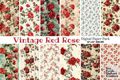Vintage Pink Roses Flower Digital Paper | Delicate Shabby Chic Mother Digital Pattern Fine Purple Elephant Creations 