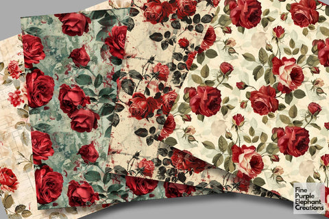 Vintage Pink Roses Flower Digital Paper | Delicate Shabby Chic Mother Digital Pattern Fine Purple Elephant Creations 