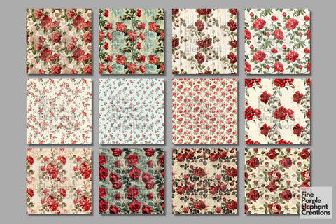 Vintage Pink Roses Flower Digital Paper | Delicate Shabby Chic Mother Digital Pattern Fine Purple Elephant Creations 
