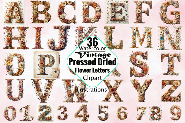Vintage Pressed Dried Flower Letters Sublimation Clipart Bundle Sublimation SVGArt 