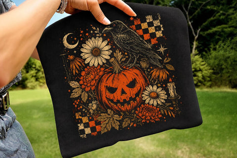 Vintage Pumpkin Raven Halloween PNG SVG DesignDestine 