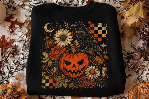 Vintage Pumpkin Raven Halloween PNG SVG DesignDestine 