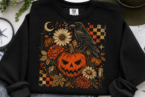 Vintage Pumpkin Raven Halloween PNG SVG DesignDestine 