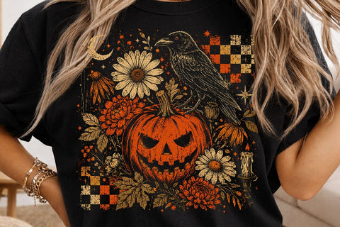 Vintage Pumpkin Raven Halloween PNG SVG DesignDestine 