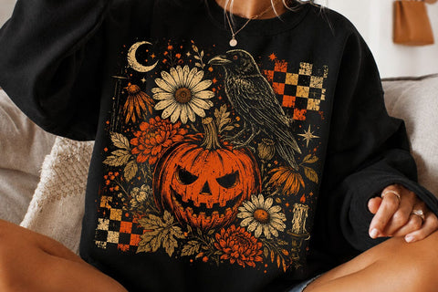 Vintage Pumpkin Raven Halloween PNG SVG DesignDestine 