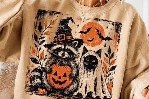 Vintage Raccoon Witch Ghost Cat Halloween SVG DesignDestine 