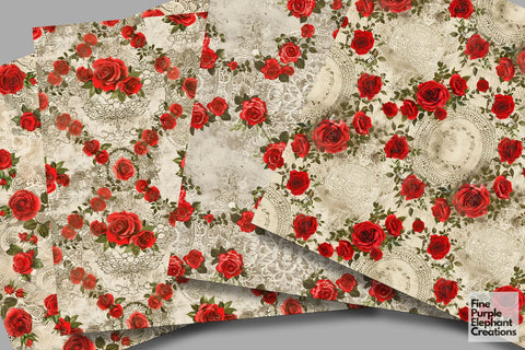 Vintage Red Rose Lace Digital Paper | Delicate Romantic Sublimation Digital Pattern Fine Purple Elephant Creations 